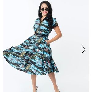 Unique Vintage Palm Print Swing Dress